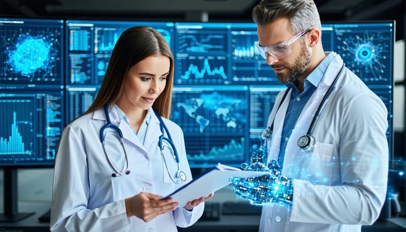 Healthcare professionals reviewing contract compliance with AI tools